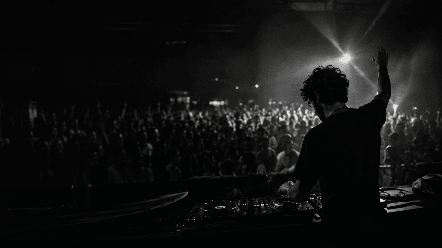 DJ raising a hand in front of a packed crowd